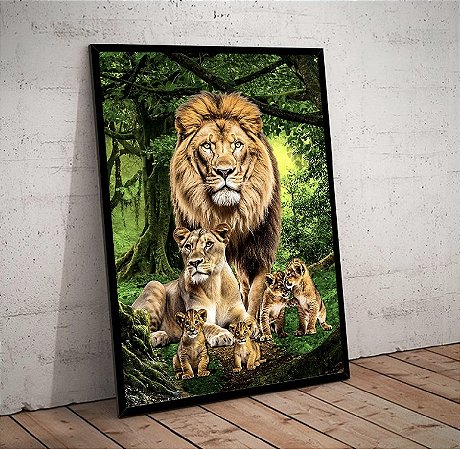 Quadro Decorativo Sala de Estar Pintura Leão Com Filhotes