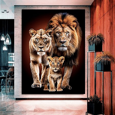 Quadro Decorativo Sala de Estar Pintura Leão Com Filhotes