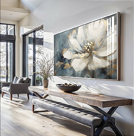 Quadro Decorativo Sala de Estar Pintura Flor Branca