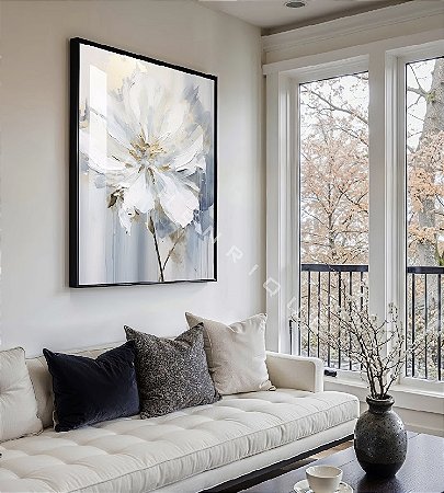 Quadro Decorativo Sala de Estar Pintura Flor Branca