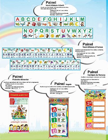 PAINEL VARAL ALFABETO INFANTIL, PAINLÉ VARAL ALFABETO 4 FORMAS, PAINÉL DARDAPIO DA SEMANA, PAINÉL PIRÂMIDE ALIMENTAR, PAINÉL VOGAIS