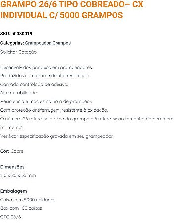GRAMPO 26/6 TIPO COBREADO- CX INDIVIDUAL C/ 5000 GRAMPOS