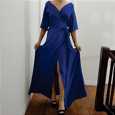 vestido transpassado azul
