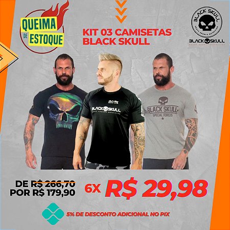 Kit 03 Camisetas Black Skull Masculina - Animal Gym Wear