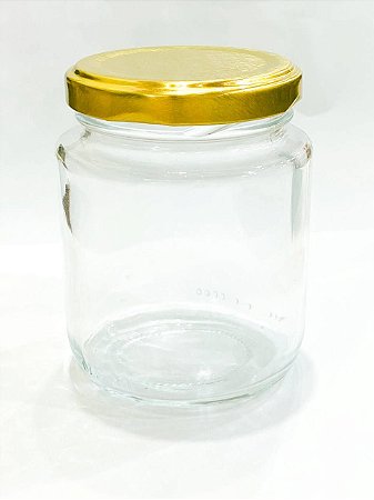POTE DE VIDRO REDONDO 240ML COM TAMPA DOURADA