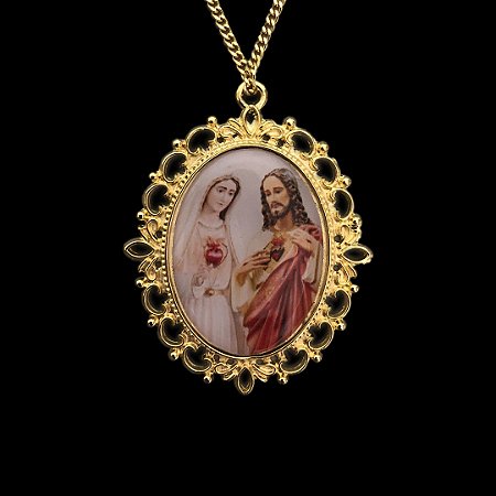 MEDALHA SAGRADO CORAÇÃO DE JESUS E MARIA FOLHEADA A OURO 18K