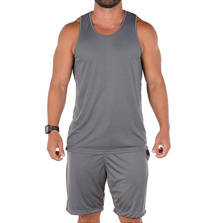 Camiseta Regata Masculina + Bermuda Fitness Academia Ou Casual - G - Cinza  - Gringas Model