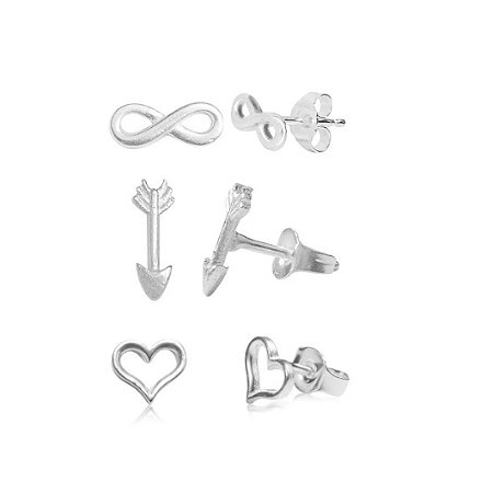 Trio de Brinco Infinito Coração e Flecha