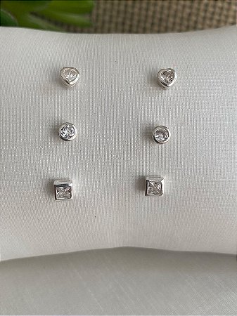 Trio Brinco Coração Redondo e Quadrado