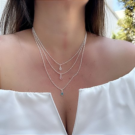 Colar Três Voltas Gota Cristal Rosa e Azul