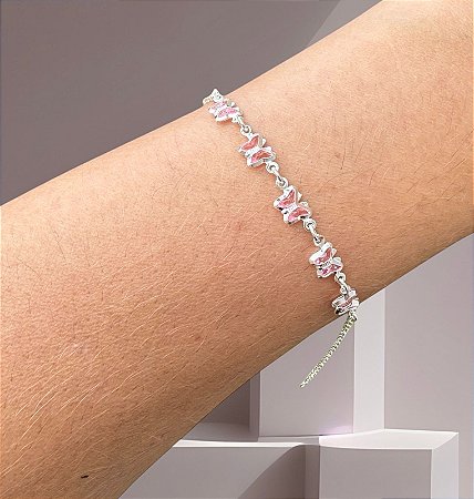Pulseira Borboleta Rosa com Corrente Elo Português