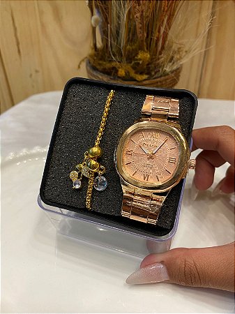 Conjunto Relogio + Pulseira folheada