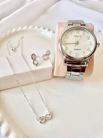 Kit Prata relogio + cordão + Brinco