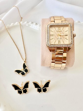 Kit folheado a ouro ( Relógio + pulseira+ brinco) Unisex