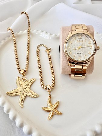Kit folheado relogio + Pulseira + cordão