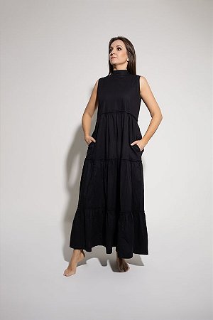 VESTIDO TRICOLINE GOLA PRETO