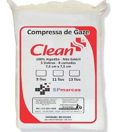 Compressa de Gaze 7,5x7,5cm 140g (13-Fios) 5 dobras CLEAN 500UNIDADES