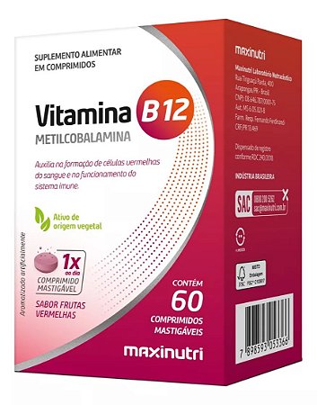 VITAMINA B12 ( METILCOBALAMINA ) C/ 60 COMP MASTIGAVEIS MAXINUTRI