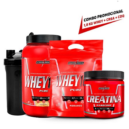 KIT INTEGRALMEDICA 1 - WHEY 100% POTE 900G + WHEY 100% REFIL 900G + CREATINA 300G + COQUETELEIRA