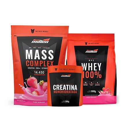 KIT NEW MILLEN 2 - MASS COMPLEX 3KG + 100% WHEY 900G + CREATINA 100% PURA 300G