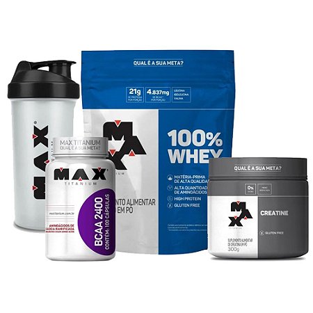 KIT MAX 3 - 100% WHEY NOVA FORMULA 900G + BCAA 2400 100 CAPS + CREATINA 300G + COQUETELEIRA