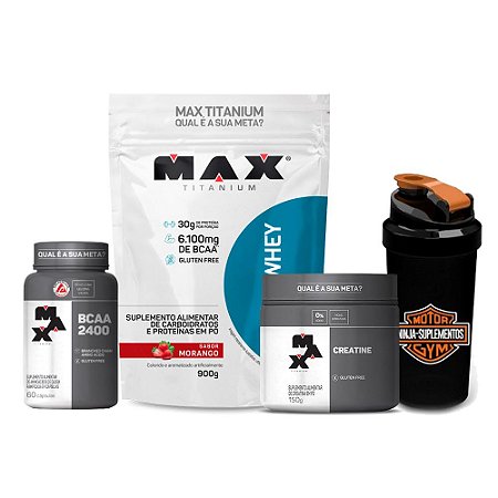 KIT MAX INICIANTE - SUPER WHEY 900G + BCAA 2400 60 CAPS + CREATINA 150G + COQUETELEIRA