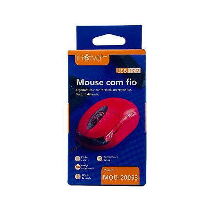 Mouse Inova Com Fio USB 1.2 Metros Vermelho MOU-20053