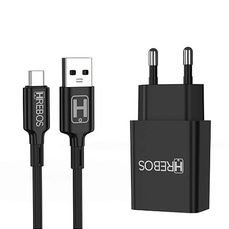 Carregador Completo Tipo C Fonte e Cabo 2.4A Preto Hrebos HS-150C