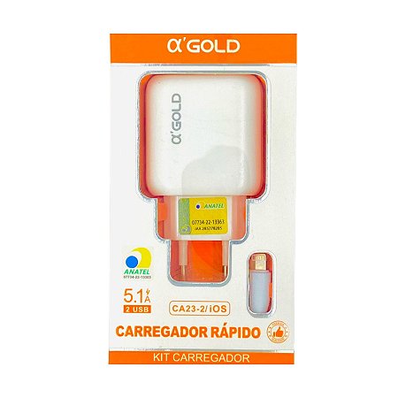 Carregador Completo Para Lightning AlphaGold Fonte e Cabo 5.1A CA23-2