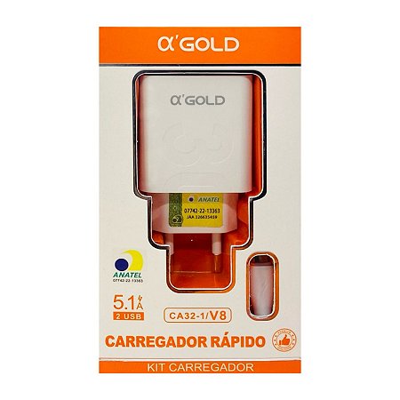 Carregador Micro USB V8 AlphaGold Fonte Dois USB E Cabo 5.1A CA32-1