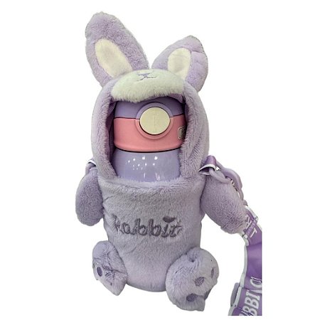 Garrafa Térmica Infantil Capa Pelúcia E Adesivos 500ml Coelho