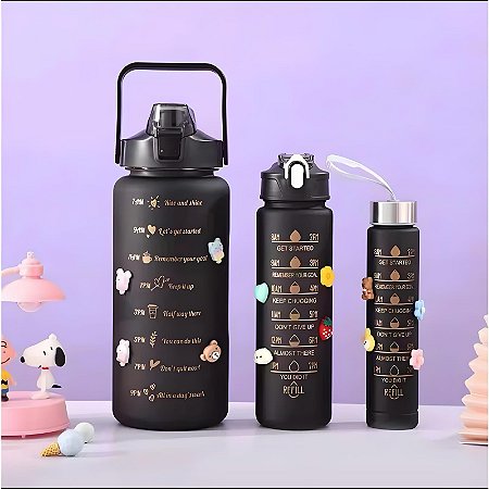 Kit Garrafa 3 em 1 Preta Motivacional Squeeze Treino Com Adesivos