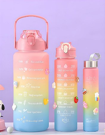 Kit Garrafa 3 em 1 Colorida Motivacional Squeeze Treino Com Adesivos
