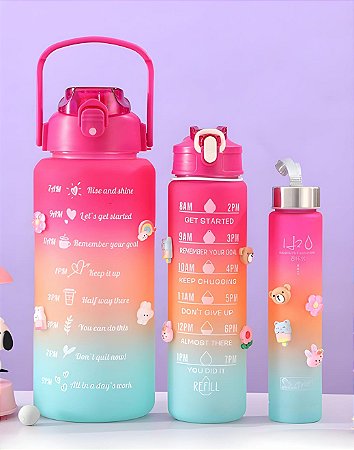 Kit Garrafa 3 em 1 Colorida Motivacional Squeeze Treino Com Adesivos