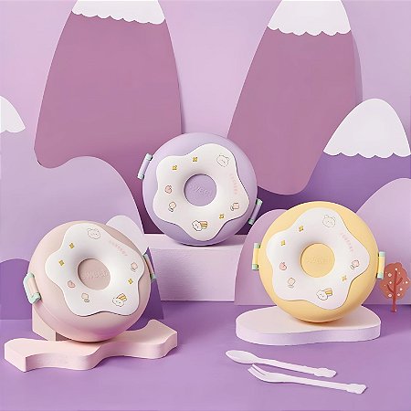 Lancheira Infantil Marmita Donuts 3 Compartimentos Plástico Portátil 1100ml