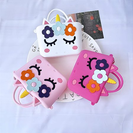Bolsinha Porta Moedas Infantil Em Silicone Com Zíper Unicórnio/Dinossauro