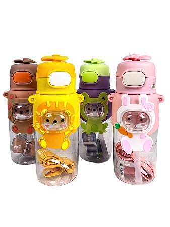 Garrafa Plástica Infantil Animals Com Alça e Canudo 500ml