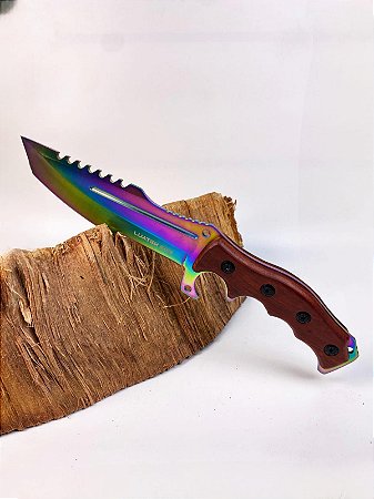 Faca Lâmina Aço Inox Holográfica Cabo Madeira Com Bainha Luatek SLK-A144