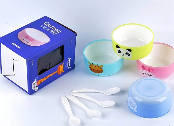 Conjunto 4 Tigelas Animals Infantil Com Colher 280ml FH44-068