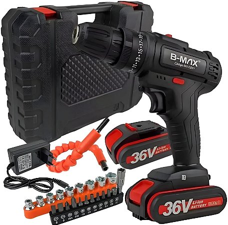 Furadeira E Parafusadeira 2 Baterias 36V + Maleta Acessórios B-Max BM-DZ01