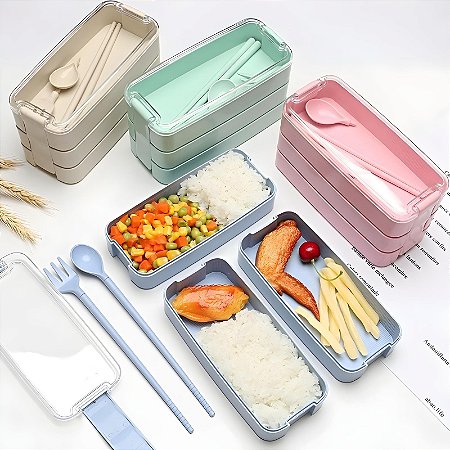 Marmita 3 Compartimentos Com Talheres E Trava Lateral Lunch Box 900ml FH19-055