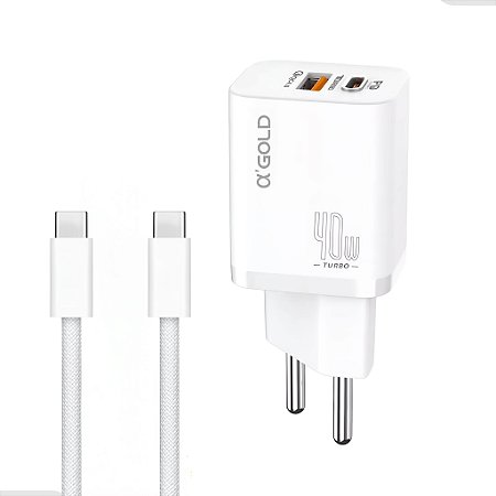 Carregador Completo Turbo 40W Duas Entradas Cabo Tipo C A'Gold CA42-5