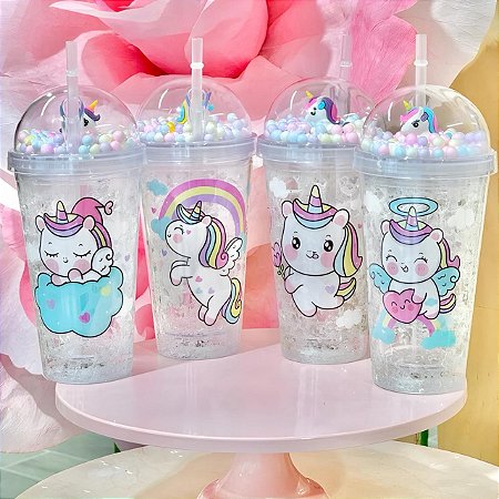 Copo Acrílico Unicórnio LED Com Tampa E Canudo 450ml AK-4515