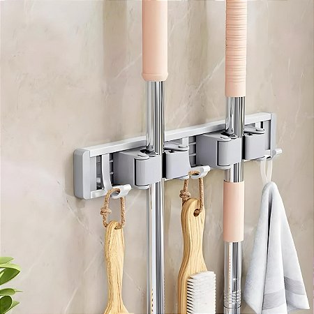 Suporte De Parede Alumínio Vassoura 2 Encaixes 3 Ganchos OPA-Q045