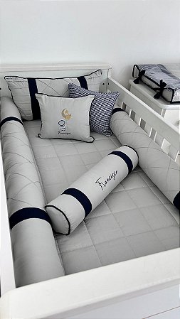 Kit de Berço 08 Peças 200 Fios Astronauta Xadrez Azul Marinho