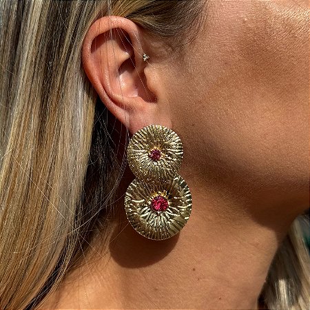 BRINCO DUPLO DOURADO PEDRA PINK