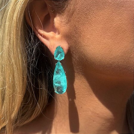 BRINCO DUAS GOTAS GRANDES TURMALINA DOURADO