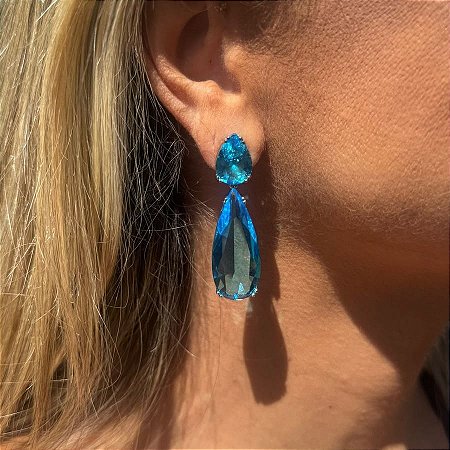 BRINCO DUAS GOTAS GRANDES AZUL PRATA