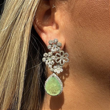 BRINCO FESTA FLORES ZIRCONIA COM GOTA TURMALINA DOURADA