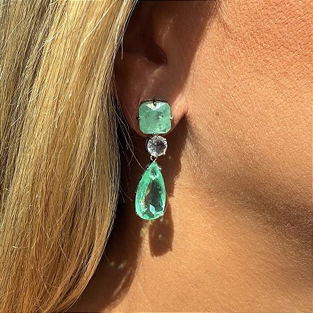 BRINCO BASE QUADRADA C/ GOTA TURMALINA